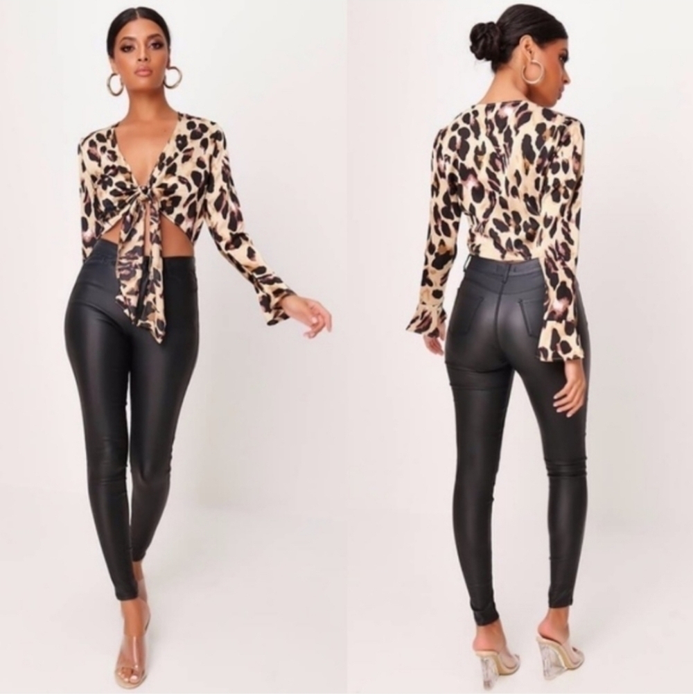 NWT Nasty Gal Brown Leopard Tie Front Flare Top 4